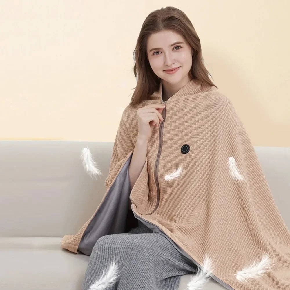Φορητή θερμαινόμενη κουβέρτα που φοριέται, τροφοδοσία USB, κλείσιμο με φερμουάρ, κουκούλα, 8 ζώνες θέρμανσης, φλις, πλεκτή υφή βάφλας