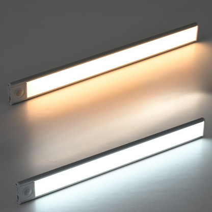 Trådløs genopladelig LED-lysbjælke med bevægelsessensor og dæmpning til indendørs skabs- og garderobebelysning