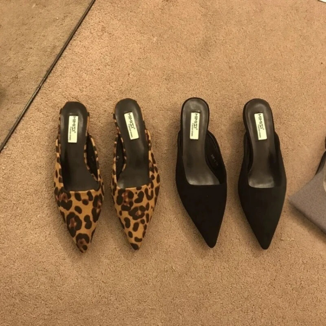 Women Leopard Print Pointed Toe Mules Low Heel Slip On Shoes