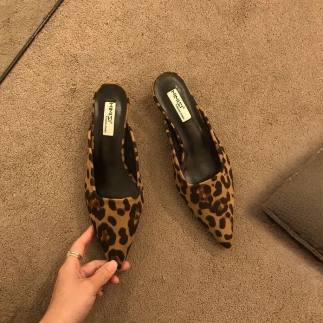 Women Leopard Print Pointed Toe Mules Low Heel Slip On Shoes