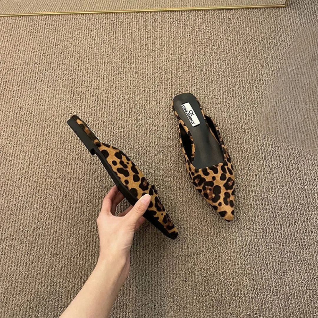 Women Leopard Print Pointed Toe Mules Low Heel Slip On Shoes