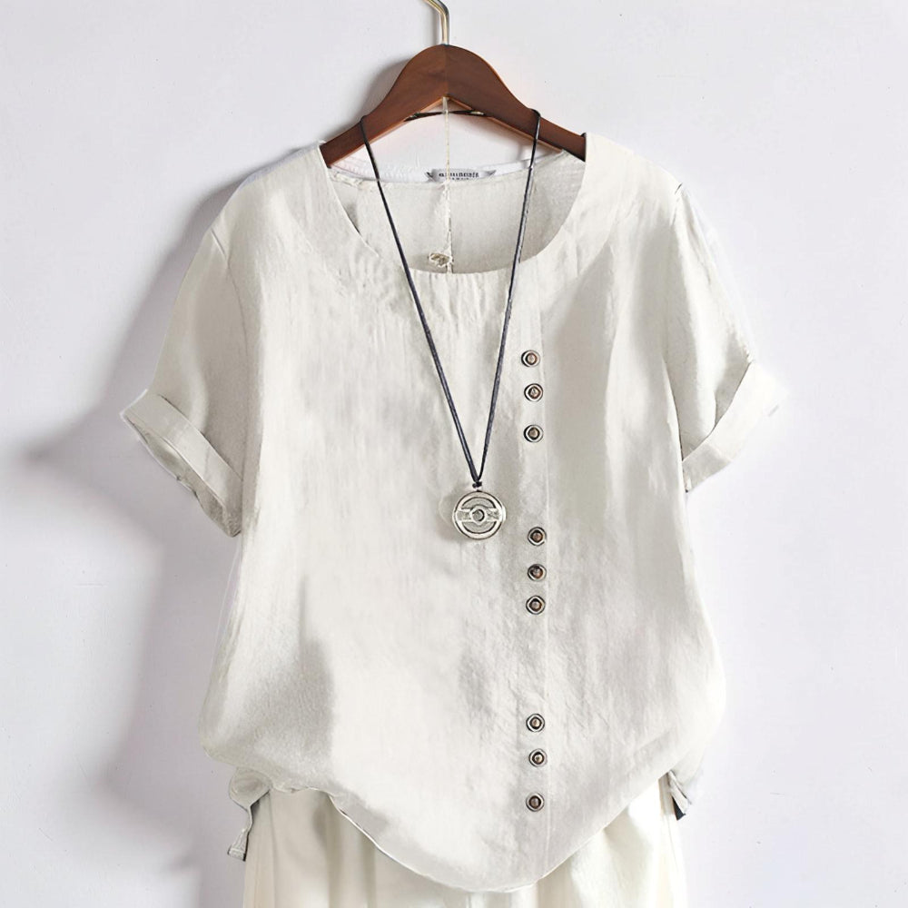 Women's Casual Short Sleeve Round Neck Button Front Top