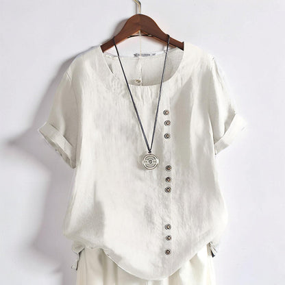 Women's Casual Short Sleeve Round Neck Button Front Top