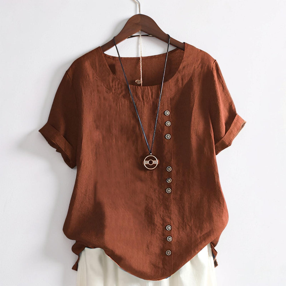 Women's Casual Short Sleeve Round Neck Button Front Top