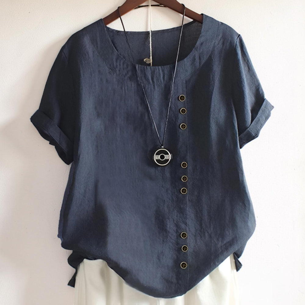 Women's Casual Short Sleeve Round Neck Button Front Top