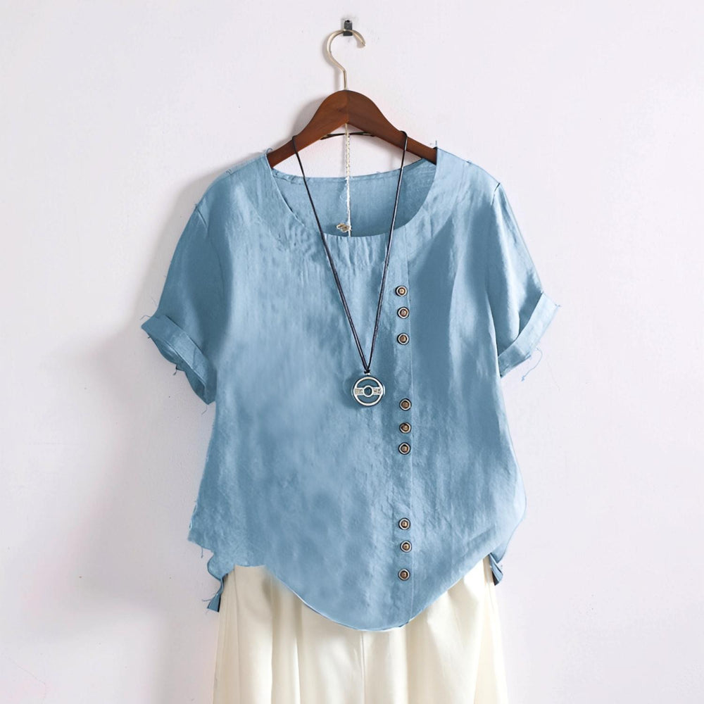 Women's Casual Short Sleeve Round Neck Button Front Top