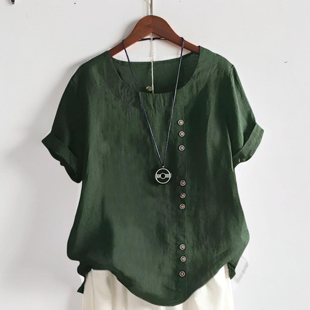 Women's Casual Short Sleeve Round Neck Button Front Top