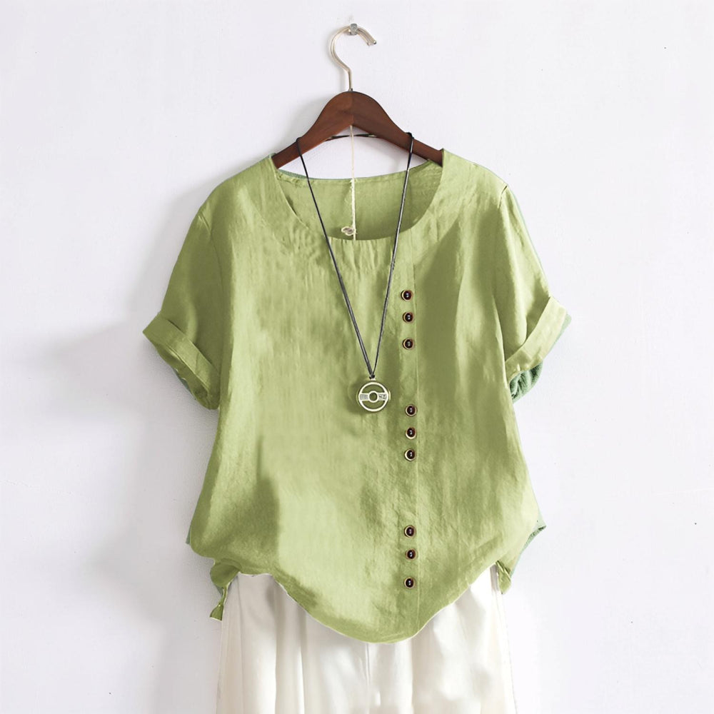 Women's Casual Short Sleeve Round Neck Button Front Top