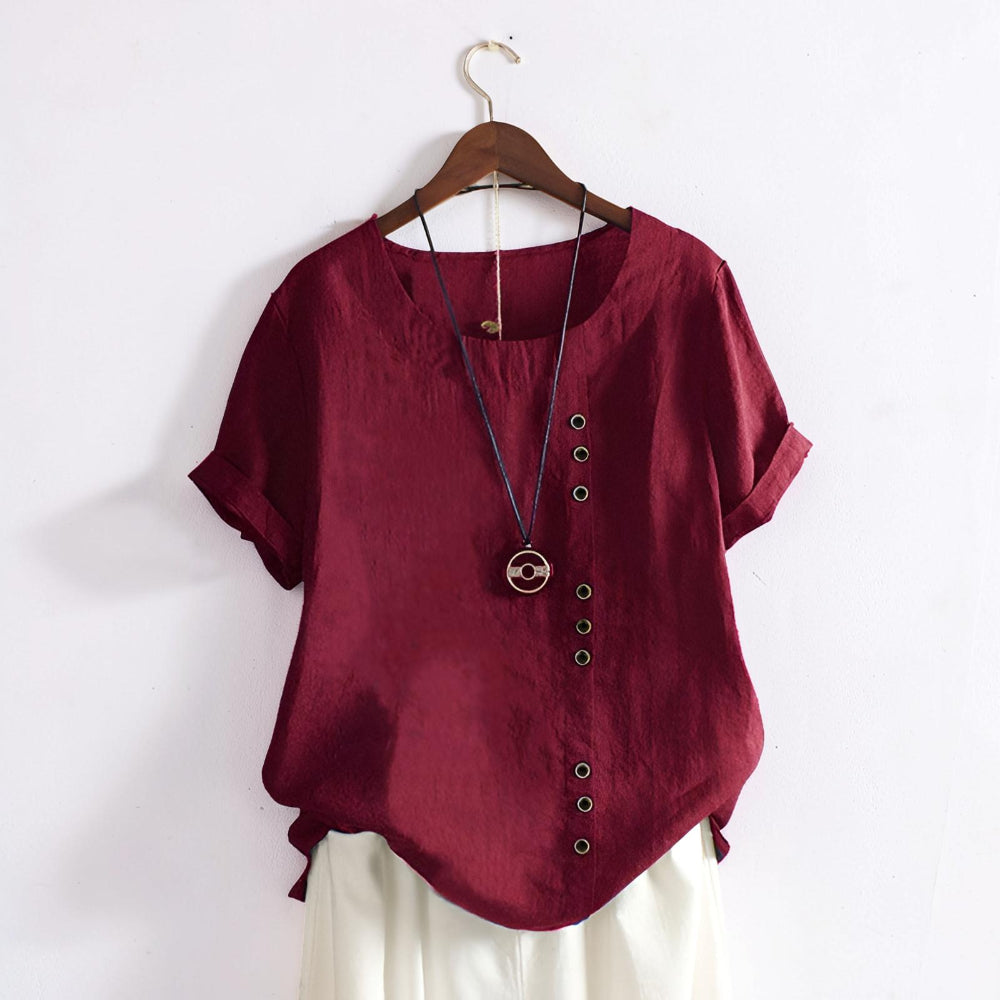 Women's Casual Short Sleeve Round Neck Button Front Top