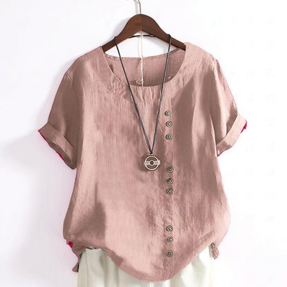 Women's Casual Short Sleeve Round Neck Button Front Top