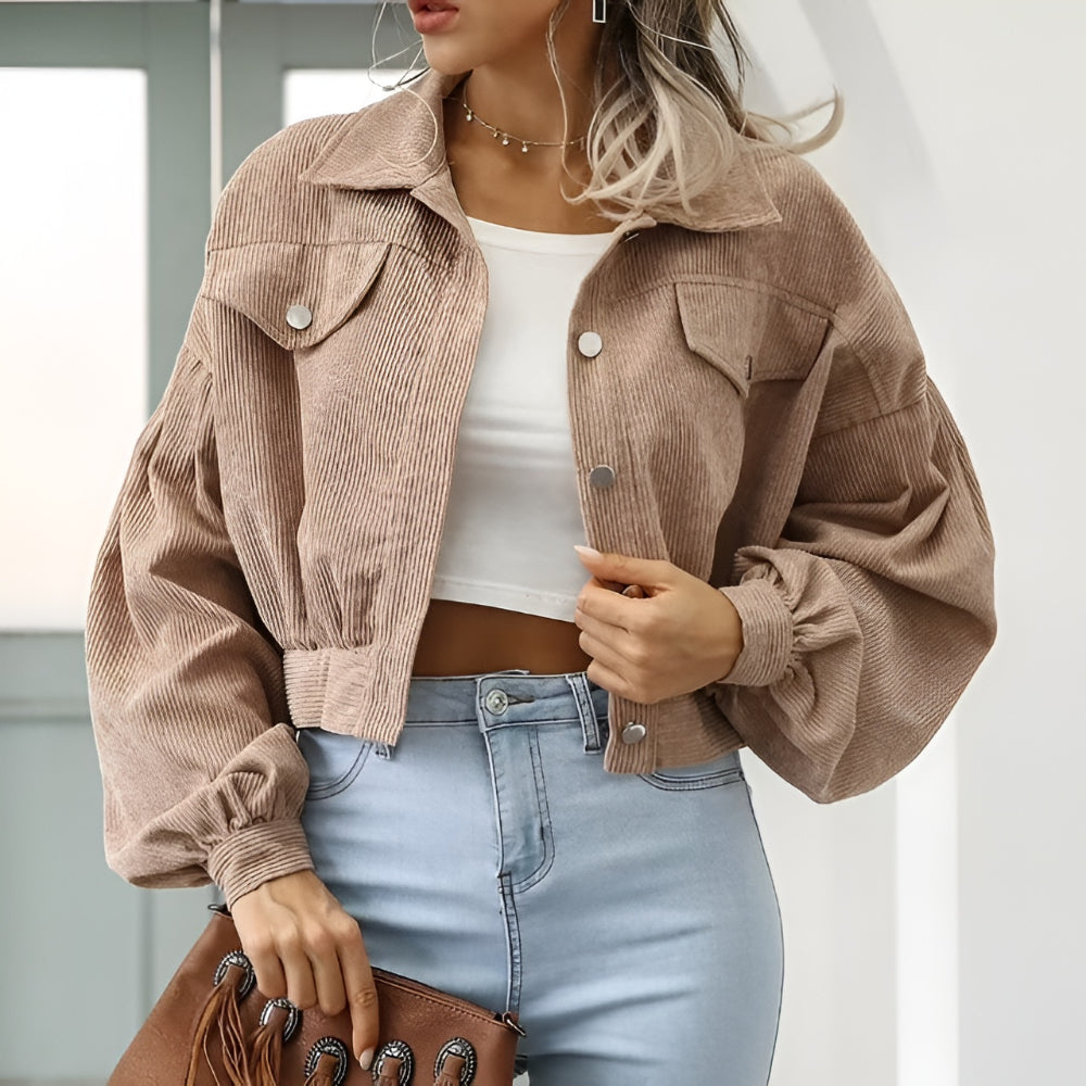 Women's Cropped Button Front Jacket Ribbed Casual Outerwear