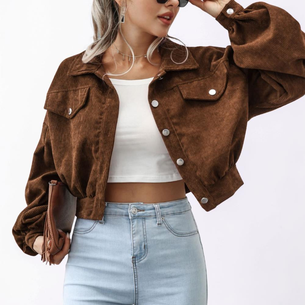 Women's Cropped Button Front Jacket Ribbed Casual Outerwear