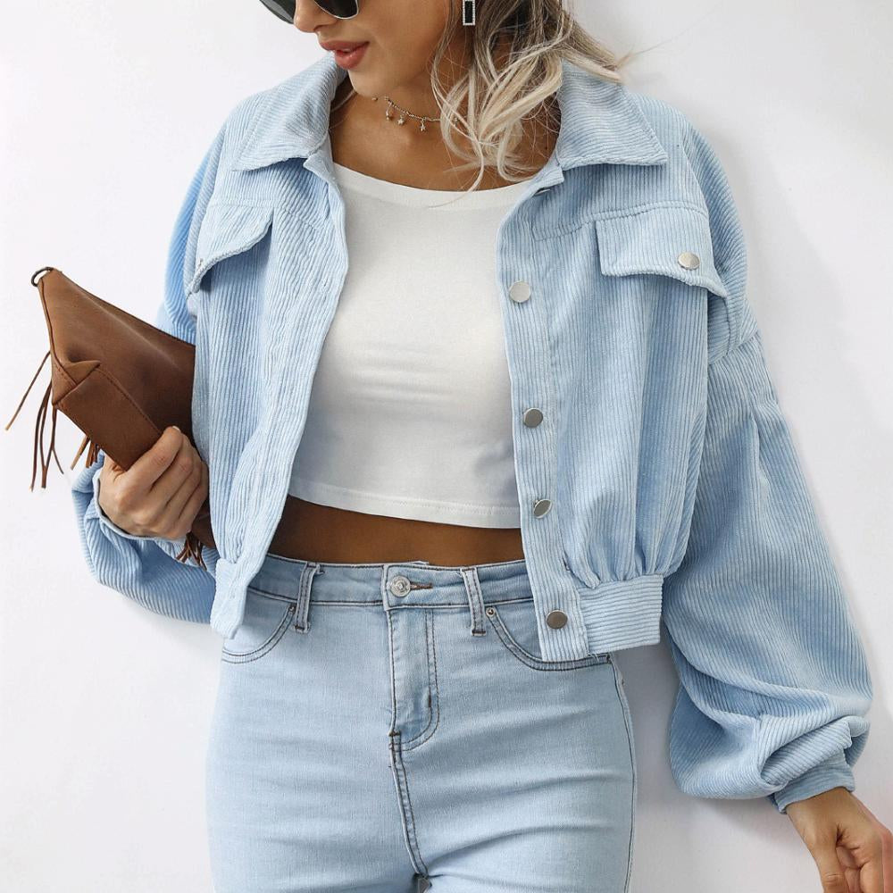 Women's Cropped Button Front Jacket Ribbed Casual Outerwear
