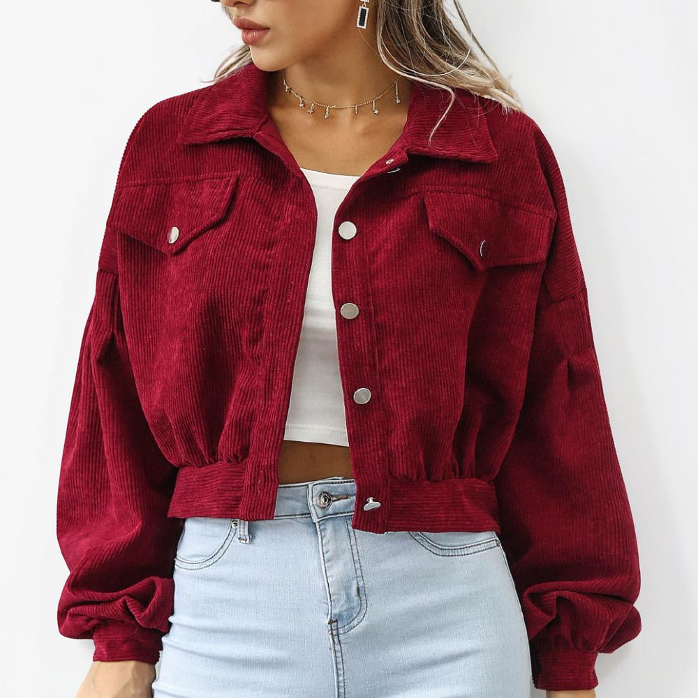 Women's Cropped Button Front Jacket Ribbed Casual Outerwear