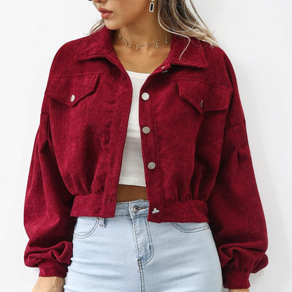 Women's Cropped Button Front Jacket Ribbed Casual Outerwear