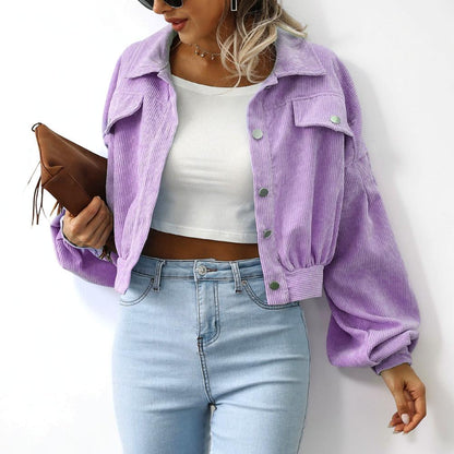 Women's Cropped Button Front Jacket Ribbed Casual Outerwear