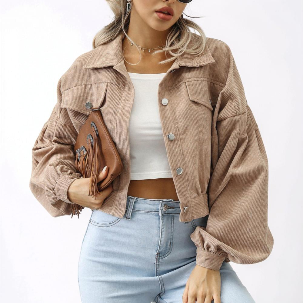 Women's Cropped Button Front Jacket Ribbed Casual Outerwear
