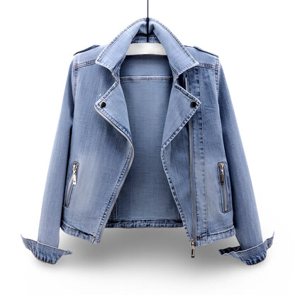 Women's Cropped Moto Jacket Wide Collar Zip Casual Outerwear