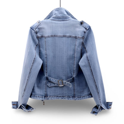 Women's Cropped Moto Jacket Wide Collar Zip Casual Outerwear