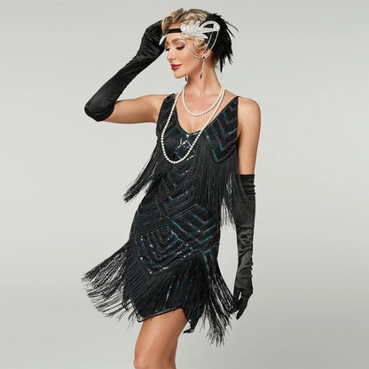 Miniabito con frange da flapper da donna, costume di Halloween e outfit da festa