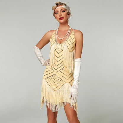 Miniabito con frange da flapper da donna, costume di Halloween e outfit da festa