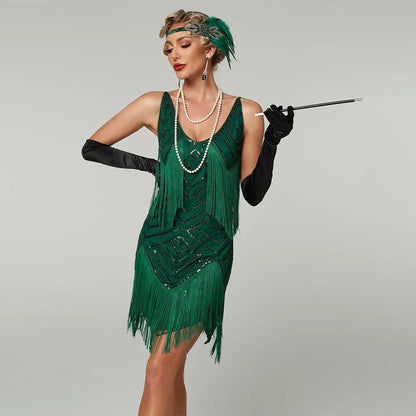 Miniabito con frange da flapper da donna, costume di Halloween e outfit da festa
