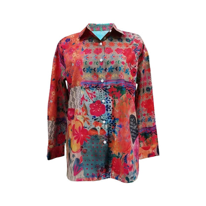 Women's Floral Long Sleeve Button Front Tunic Blouse
