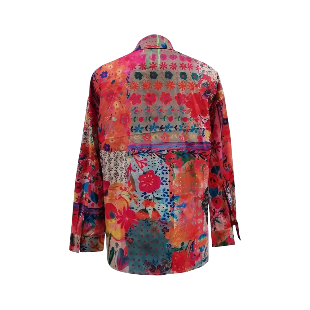 Women's Floral Long Sleeve Button Front Tunic Blouse