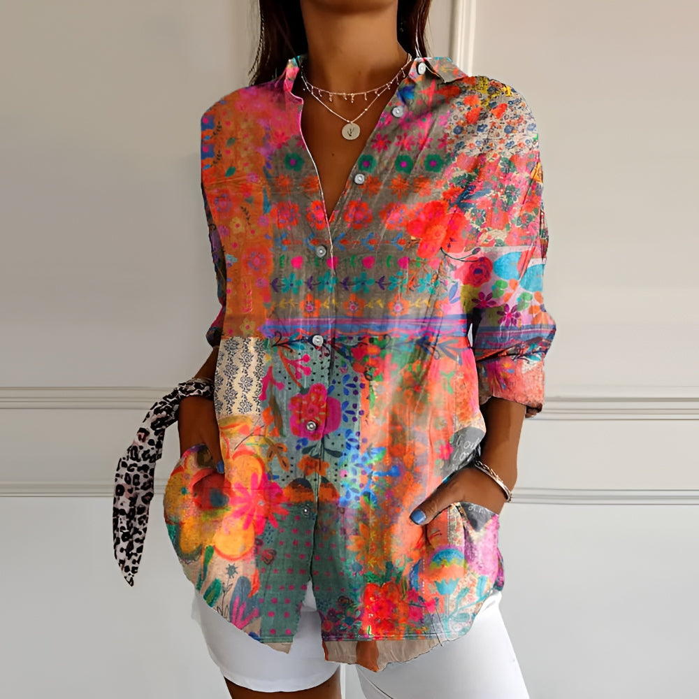 Women's Floral Long Sleeve Button Front Tunic Blouse