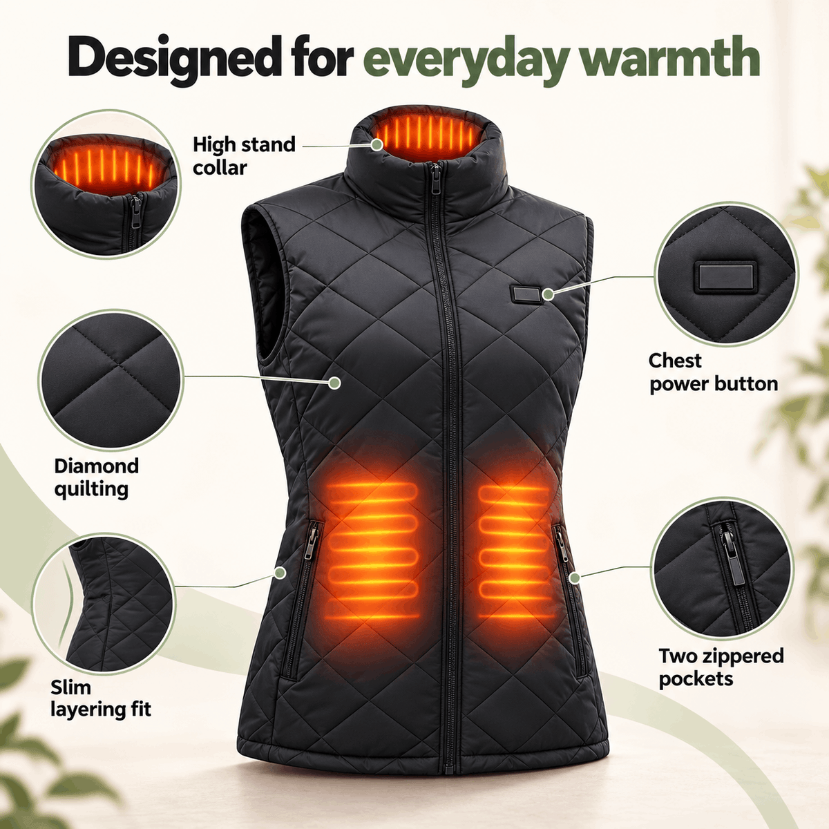 Women's Heated Vest Quilted Electric Heating Stand Collar Zipper Pockets Lightweight
