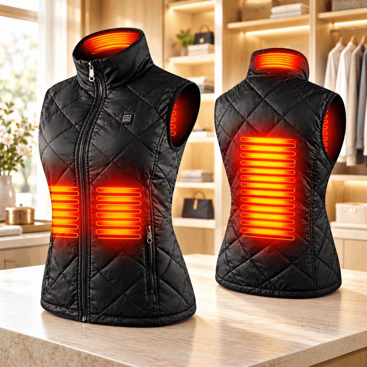 Women's Heated Vest Quilted Electric Heating Stand Collar Zipper Pockets Lightweight