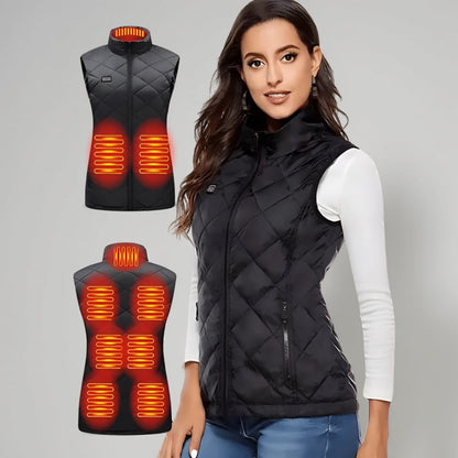 Women's Heated Vest Quilted Electric Heating Stand Collar Zipper Pockets Lightweight