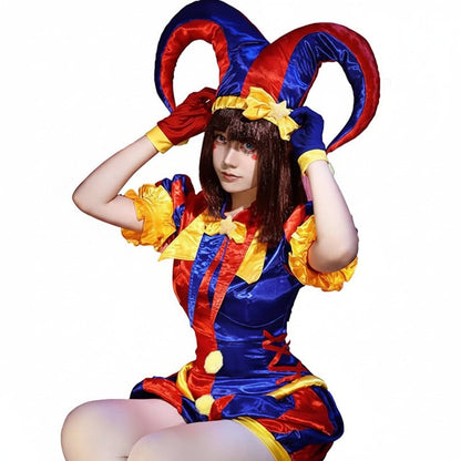 Set costume da giullare per donna per Halloween con cappello, guanti e calze