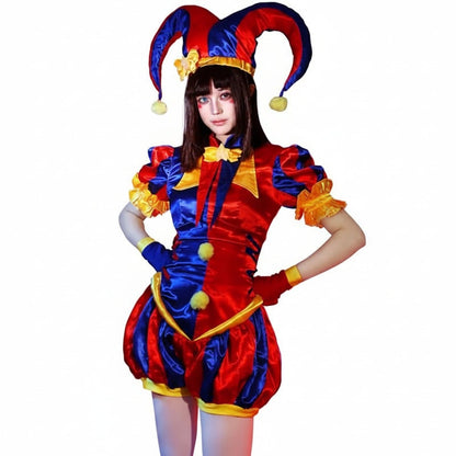 Set costume da giullare per donna per Halloween con cappello, guanti e calze