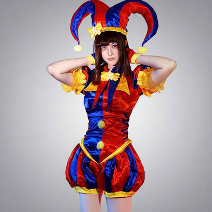 Set costume da giullare per donna per Halloween con cappello, guanti e calze