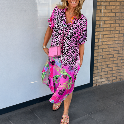 Abito estivo da donna con stampa leopardata, scollo a V e stile da spiaggia