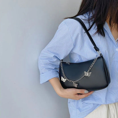 Women’s Stylish Crossbody Shoulder Bag with Zipper Pocket and Butterfly Chain Accent