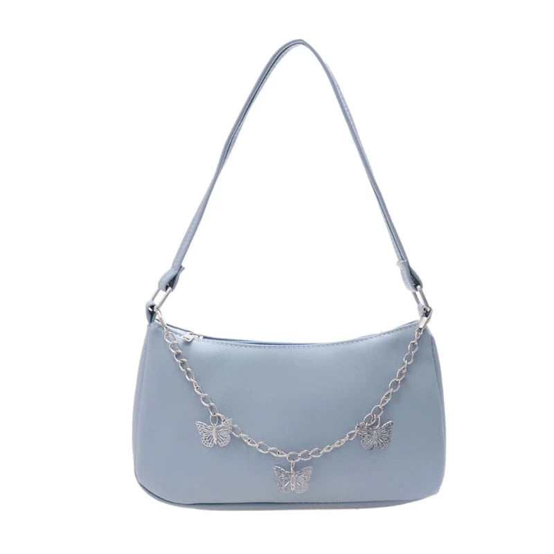 Women’s Stylish Crossbody Shoulder Bag with Zipper Pocket and Butterfly Chain Accent