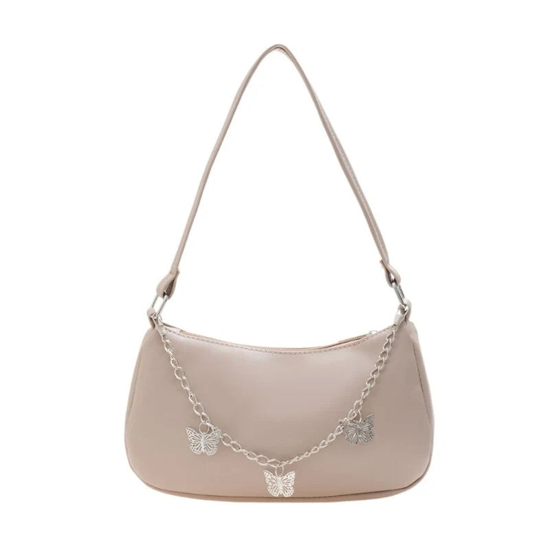 Women’s Stylish Crossbody Shoulder Bag with Zipper Pocket and Butterfly Chain Accent
