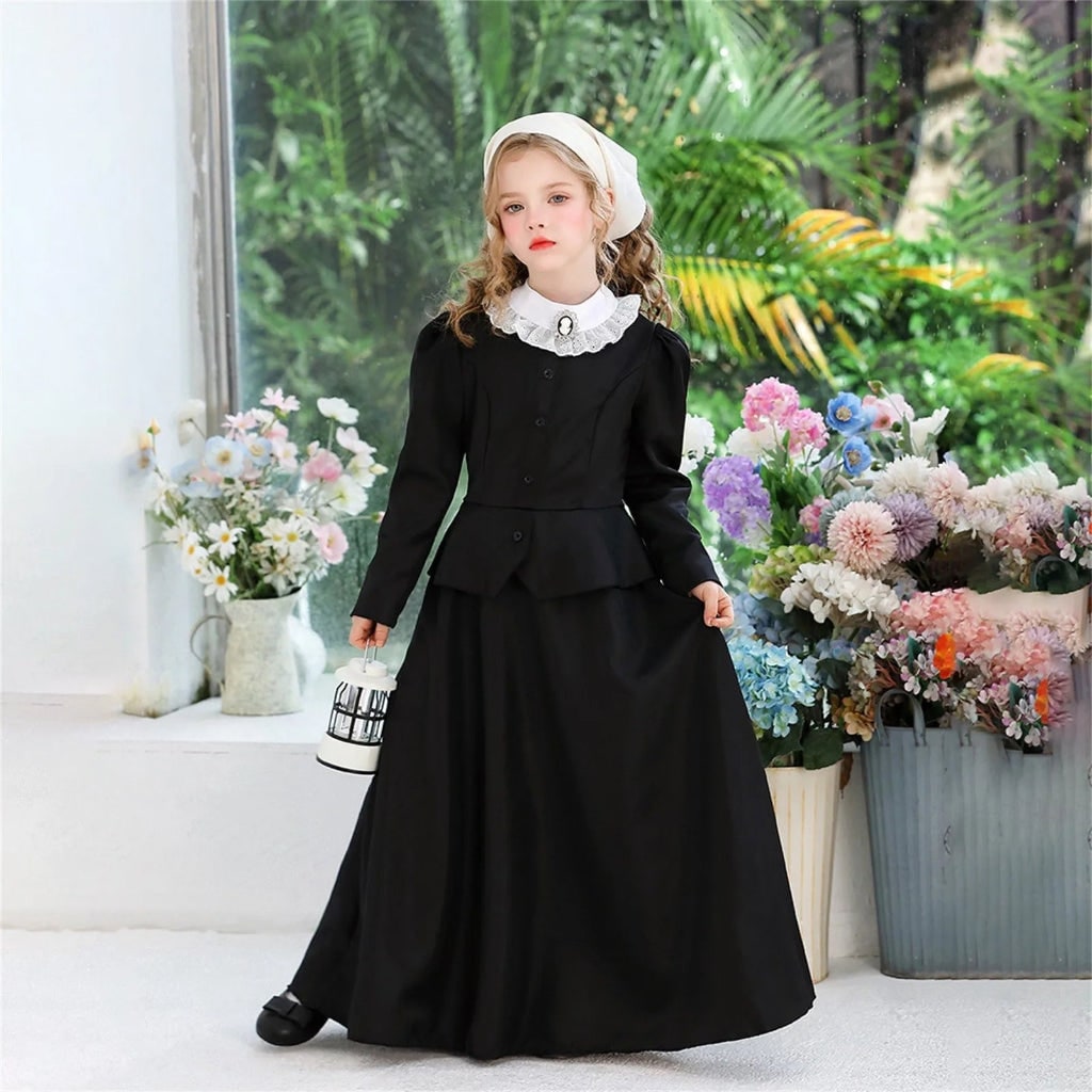 Costume gotico vittoriano da donna per Halloween, abito nero a maniche lunghe