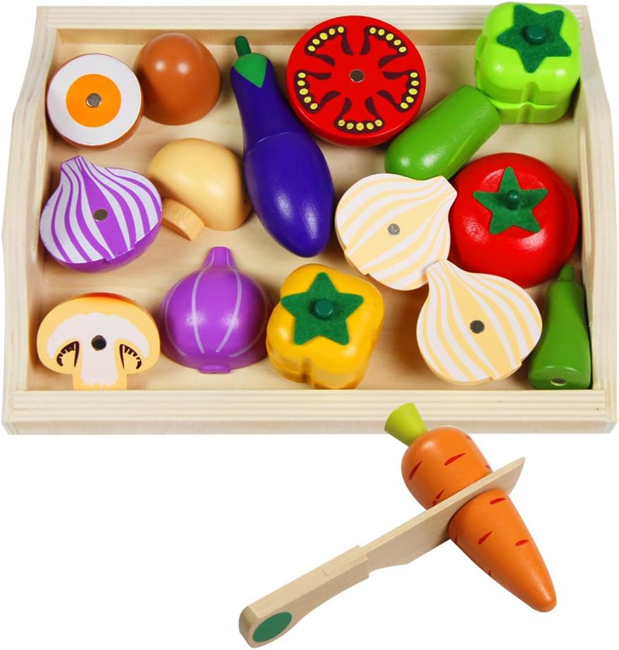 Wooden Kids Cutting Food Toy Set Pretend Kitchen Cooking Playset