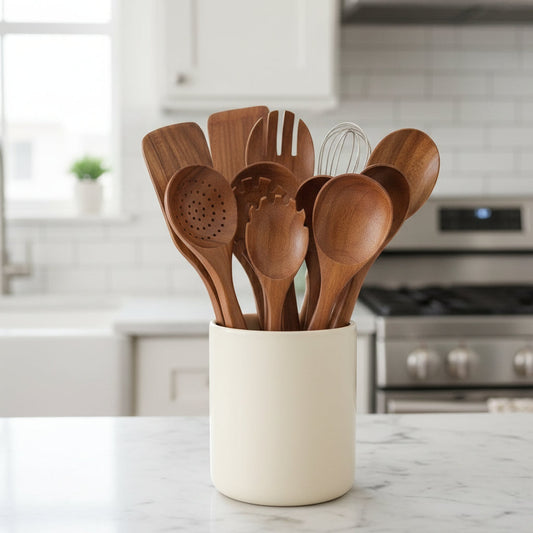 Wooden Kitchen Utensils Set Scratch Free Cooking 11 Piece