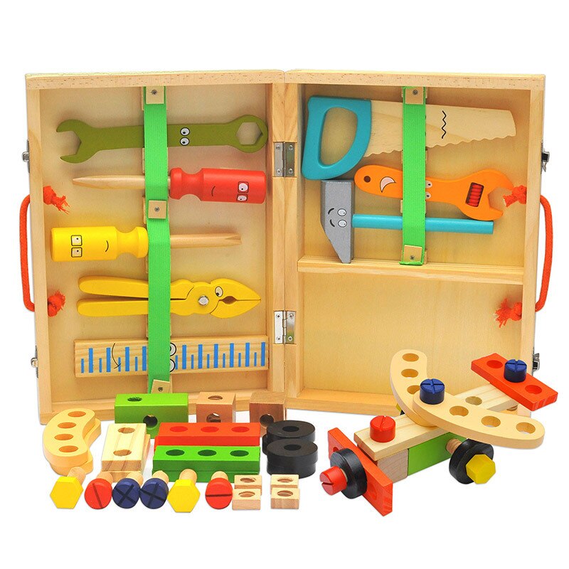 Wooden Montessori Tool Set Kids Wooden Tool Box Educational Pretend Play Construction Toy