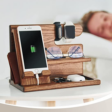 Wooden Phone Charging Station Desk Organizer Stand Bedside Nightstand Storage Holder