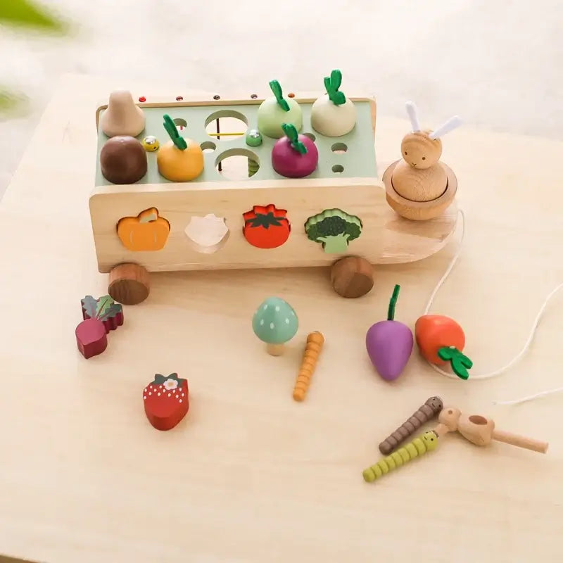 Wooden Vegetable Sorting Cart Toy for Toddlers Montessori Learning Pull Toy