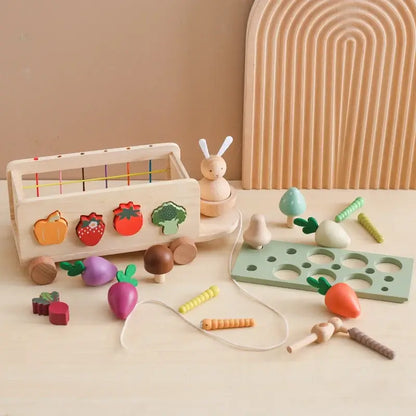 Wooden Vegetable Sorting Cart Toy for Toddlers Montessori Learning Pull Toy