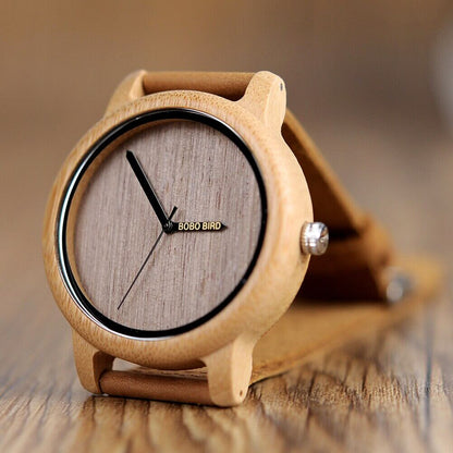 Wooden Watch Quartz Bamboo Case Leather Strap Minimalist Men's Wristwatch