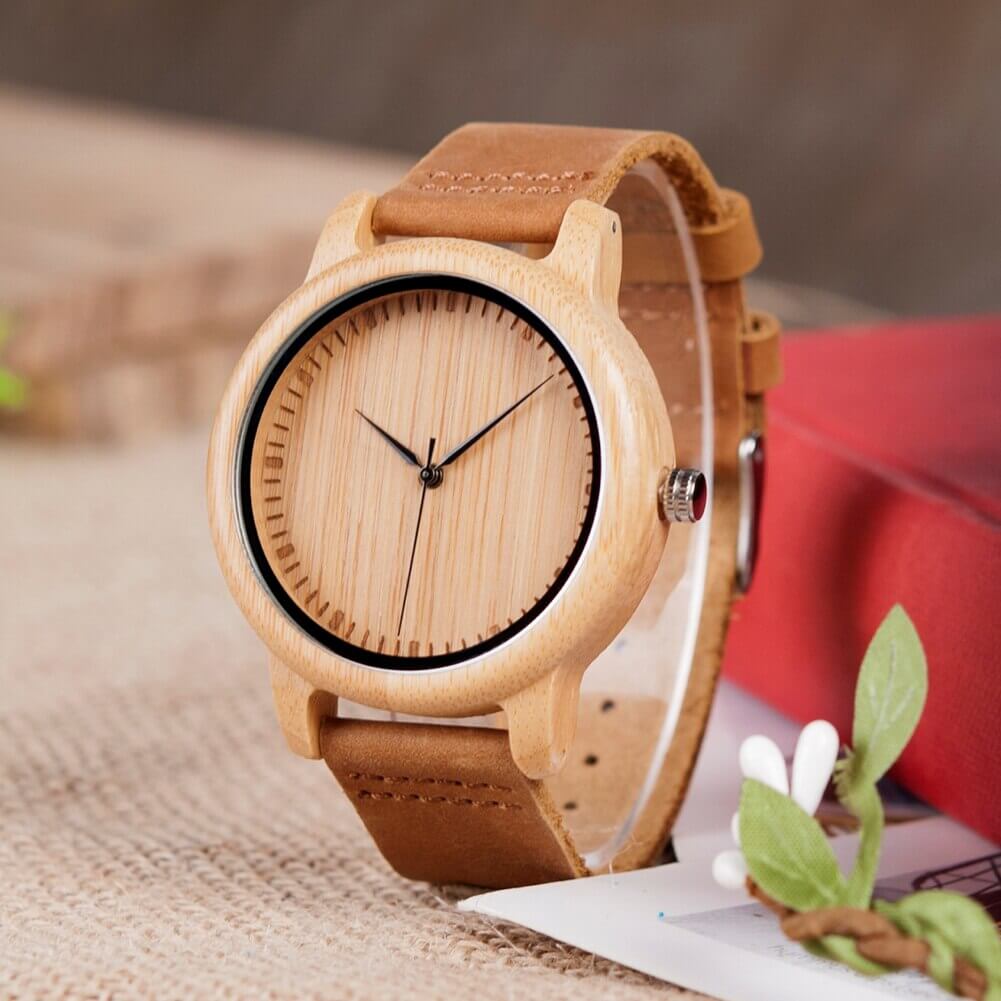 Wooden Watch Quartz Bamboo Case Leather Strap Minimalist Men's Wristwatch