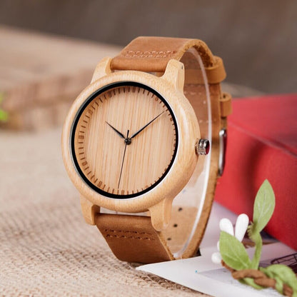 Wooden Watch Quartz Bamboo Case Leather Strap Minimalist Men's Wristwatch