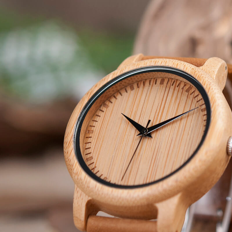 Wooden Watch Quartz Bamboo Case Leather Strap Minimalist Men's Wristwatch